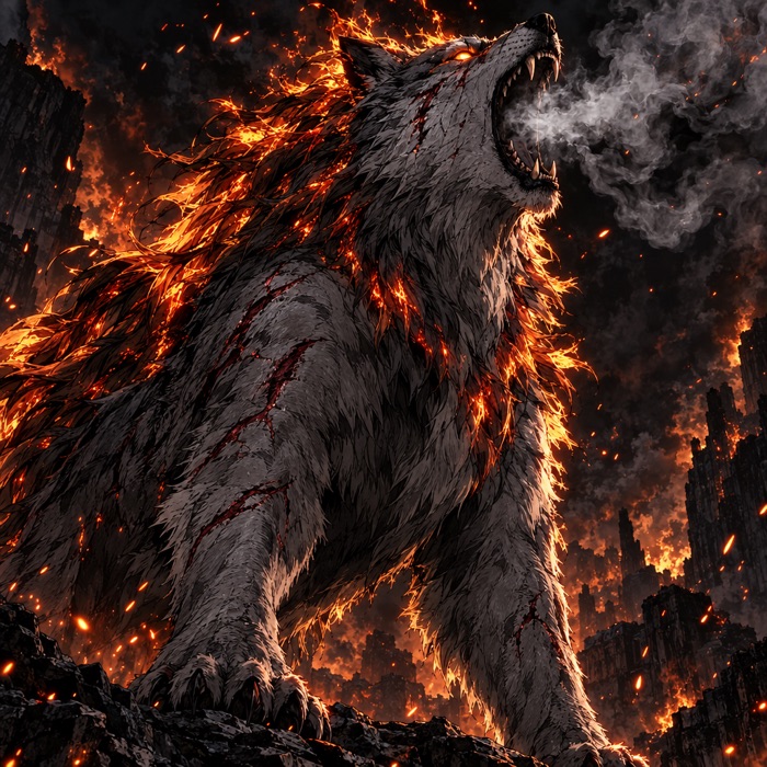 The Ashfang Alpha, a burning wolf